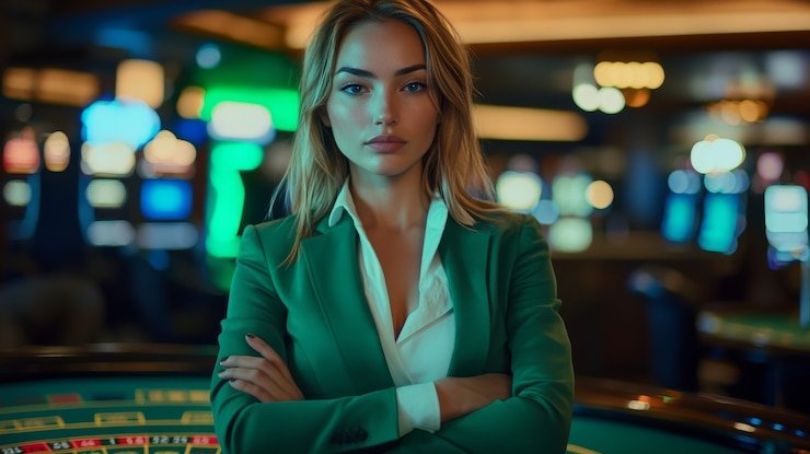 Antarmuka kasino langsung 16810 menampilkan meja baccarat dengan dealer siaran video